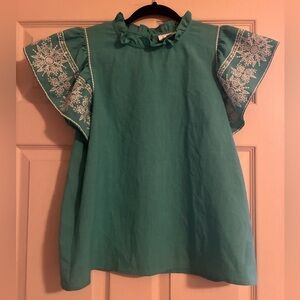 THML Turquoise Top with Embroidered Sleeves